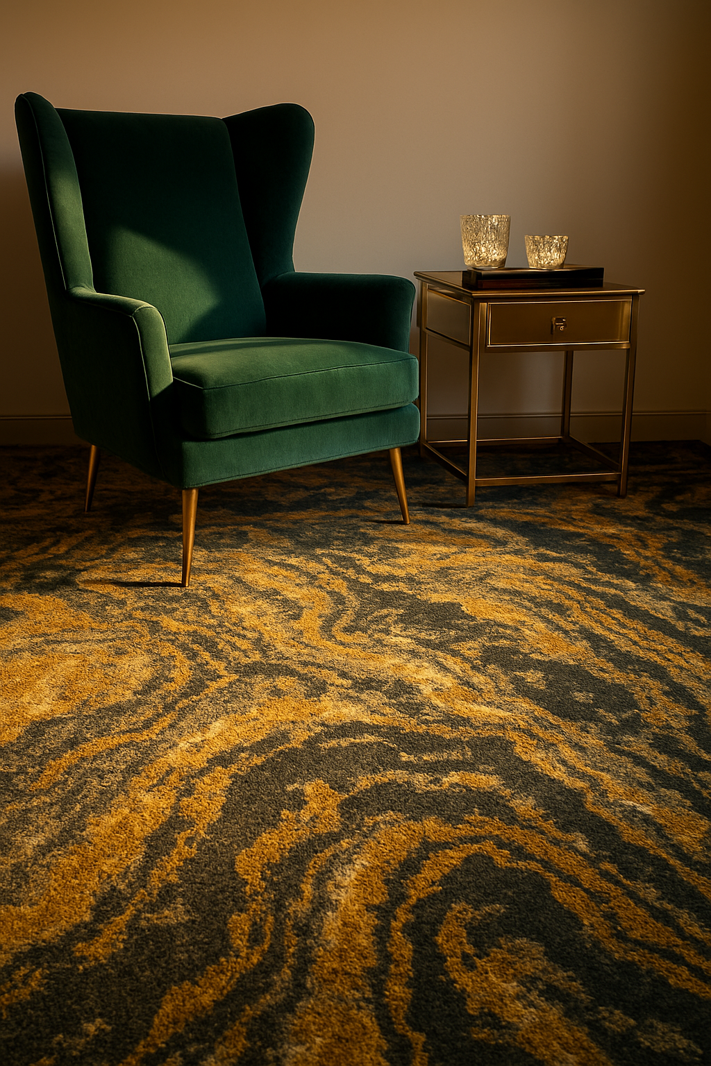 Gold and charcoal abstract-motif carpet beside an emerald glam wingback chair at golden hour