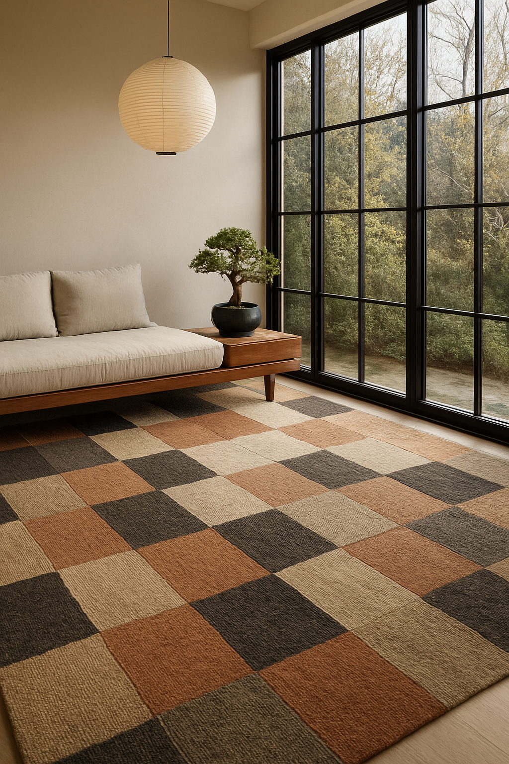 Japandi sunroom with patchworked remnant carpet wall-to-wall in morning sun