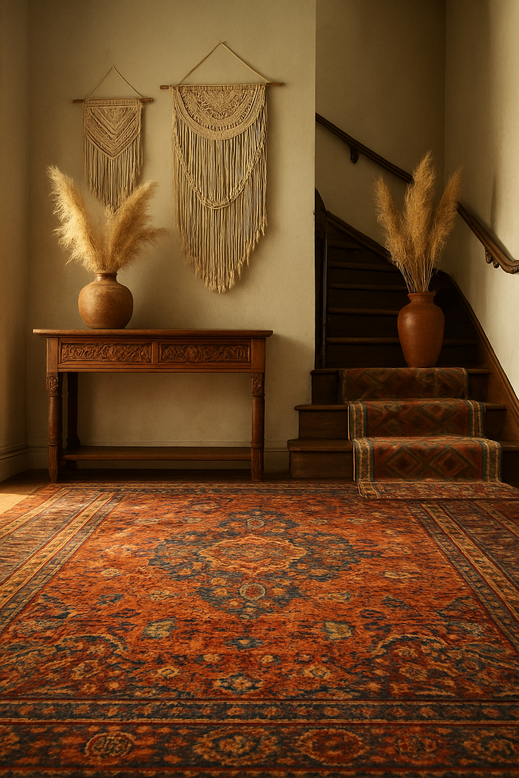 Bohemian entry hall staircase with patterned rust and indigo wall-to-wall carpet at golden hour