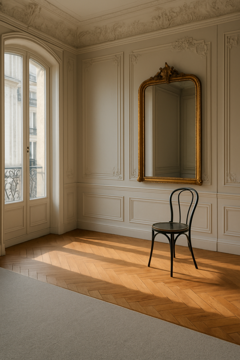 Dove-grey carpet meets herringbone parquet at a transition strip in a Parisian sunroom