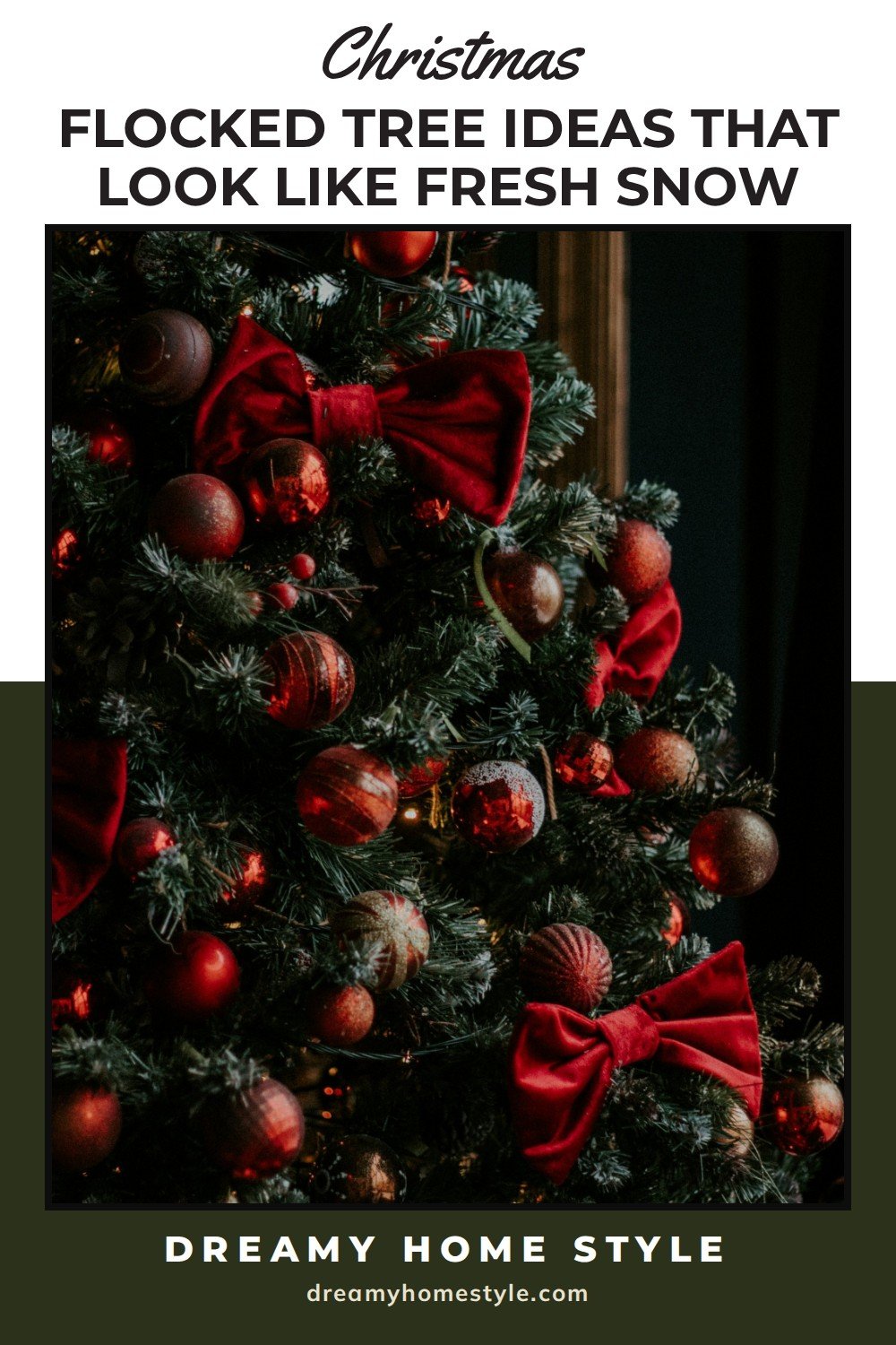 Flocked tree ideas that look like fresh snow: a frost-tipped Christmas tree with red velvet bows and red ornaments