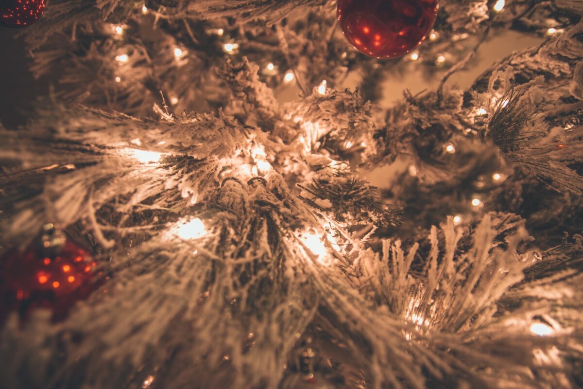 Flocked branches glowing with warm white lights and two red ornaments