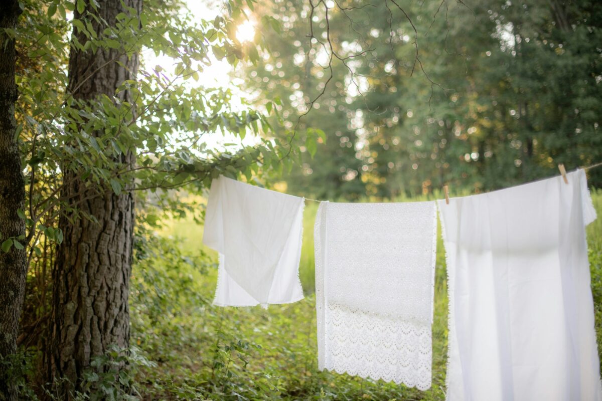 White sheets and a lace cloth hanging to dry on a clothesline between trees