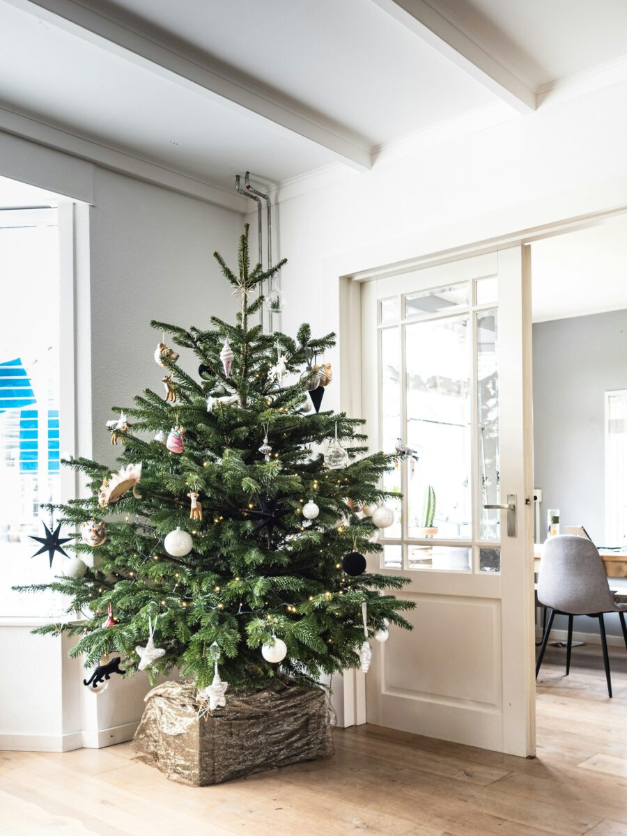 A Christmas tree with white and black ornaments, its stand wrapped in gold metallic fabric, in a bright white room by a glass door