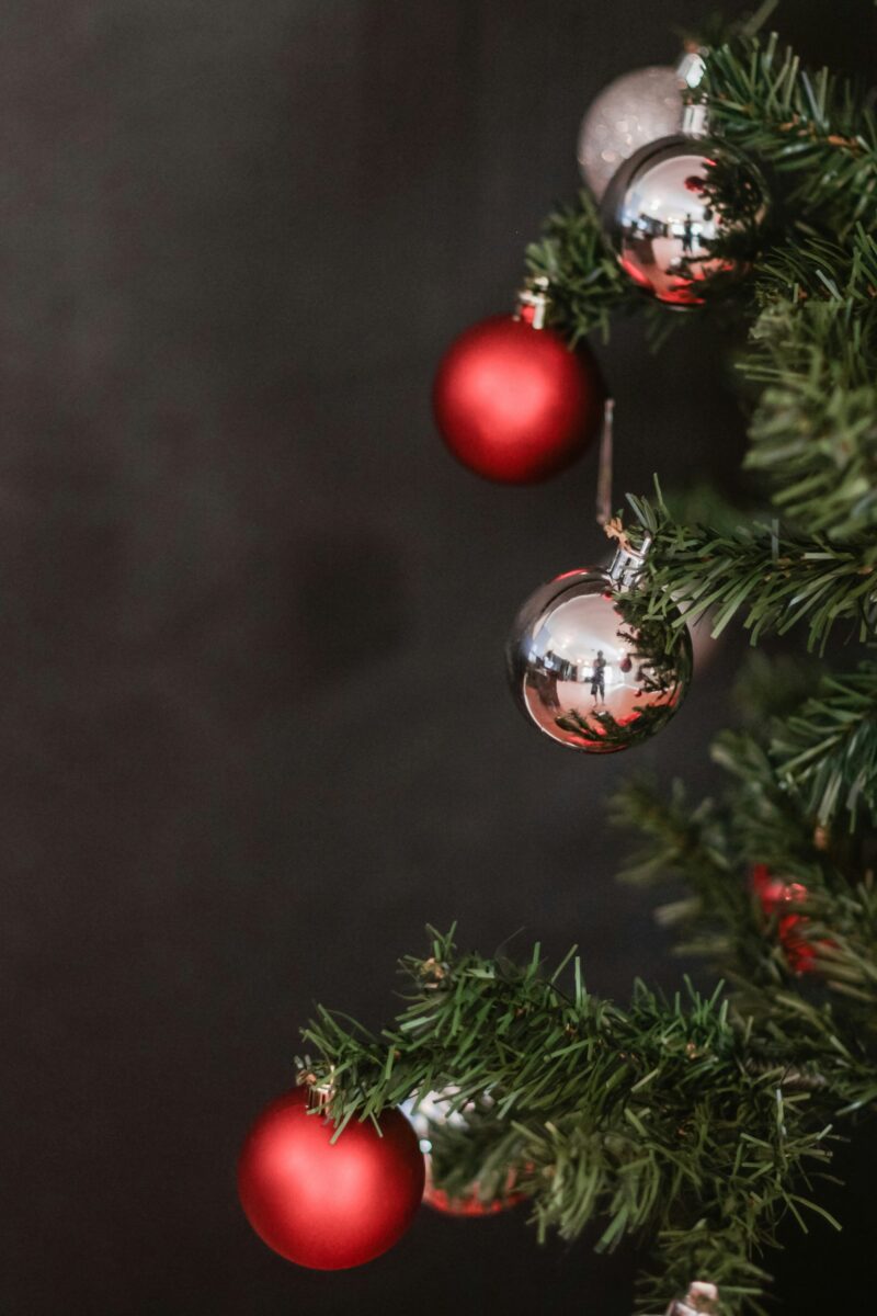 A few red and silver ball ornaments spaced out on fir branches against a dark wall