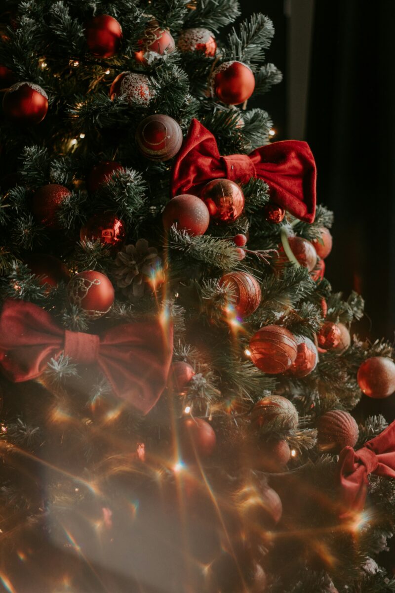 Red baubles and red velvet bows on a frost-tipped Christmas tree