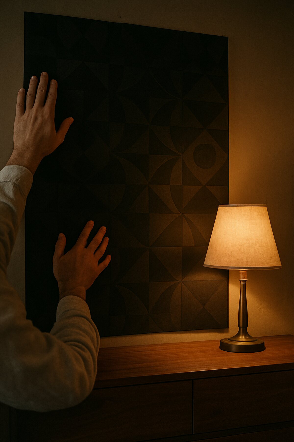 Hands in a linen sleeve press a large black geometric wallpaper sample flat against the wall above a wood dresser, lit by a table lamp