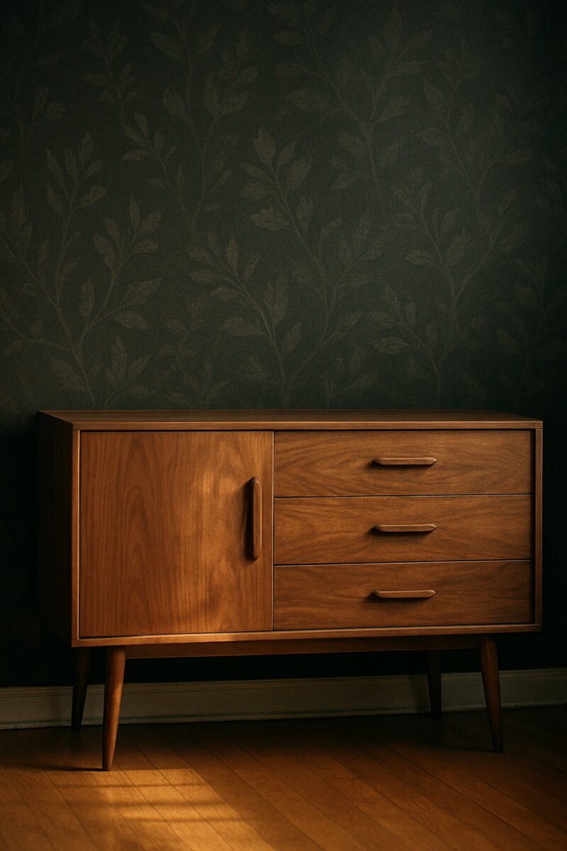 Mid-century walnut sideboard sits against a freshly hung deep charcoal wallpaper with a subtle botanical pattern, photographed in warm afternoon