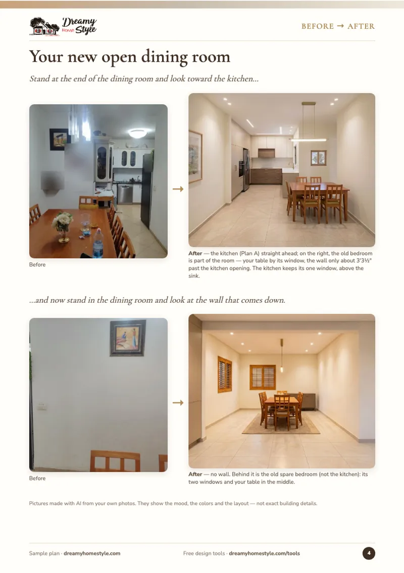 A page of the sample plan: the dining room opened up, before and after, on the home's own photos