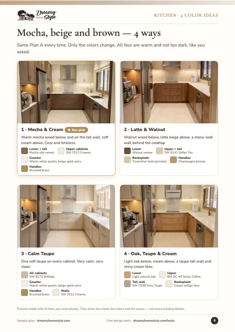 A page of the sample plan: one kitchen in 4 color ideas, each with its paint codes