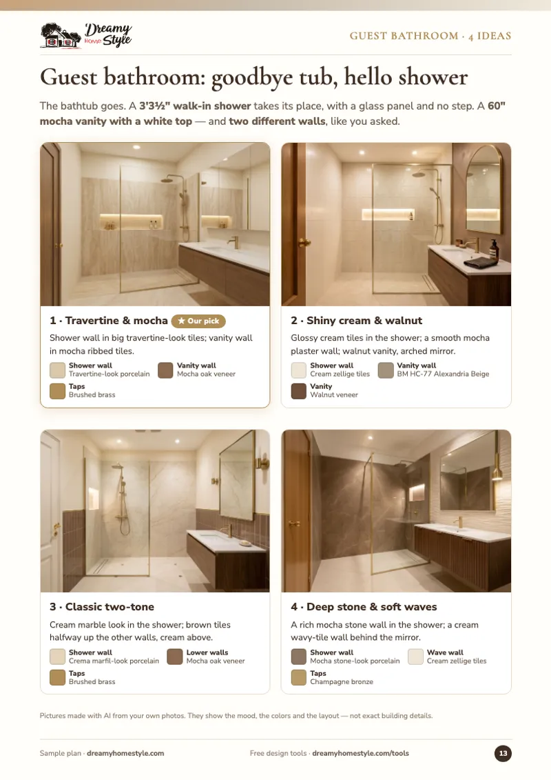 A page of the sample plan: the guest bathroom in 4 ideas, the tub turned into a walk-in shower