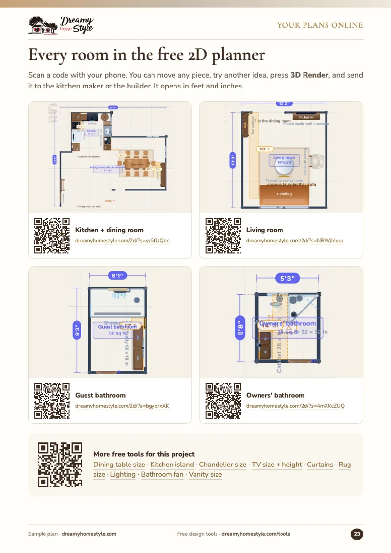 Every room in the free 2D planner, each with its QR code