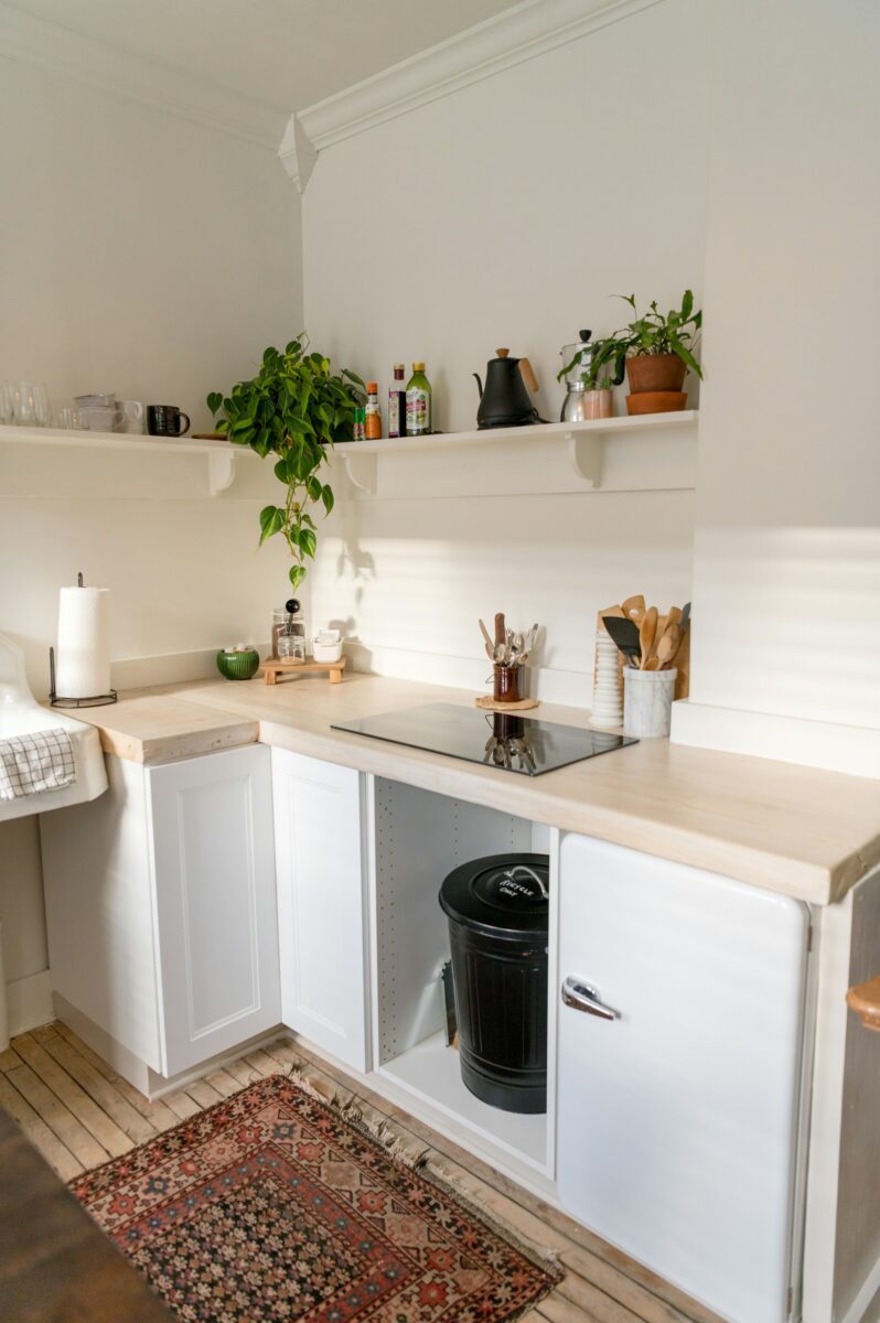 Small white kitchen with a thick pale wood counter, white shaker cabinets, a retro white mini fridge, bracket shelves with a trailing plant and a black kettle, and a small vintage rug on worn painted floorboards in sunlight