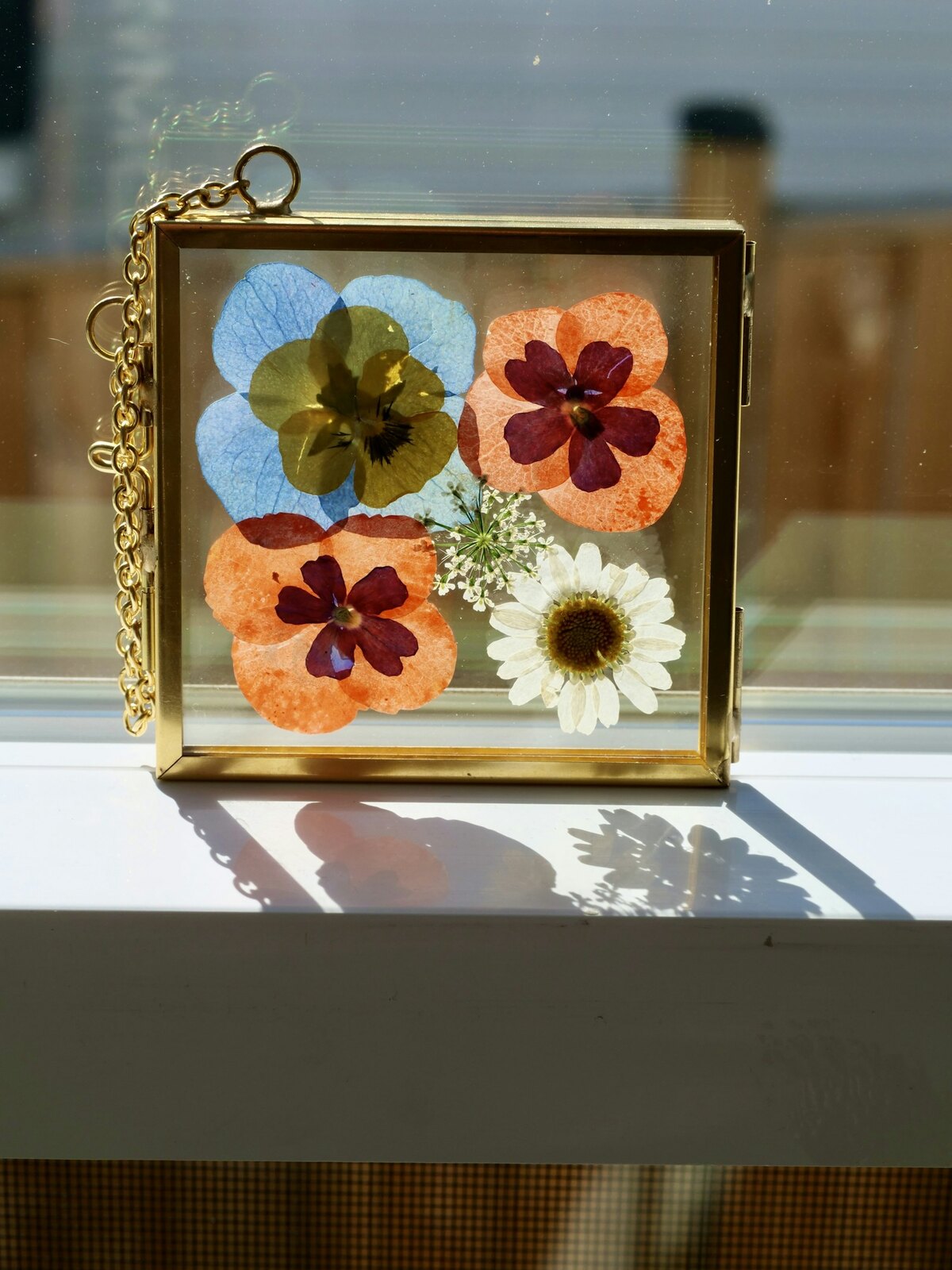 Pressed pansies and a daisy in a small brass glass frame on a sunny windowsill