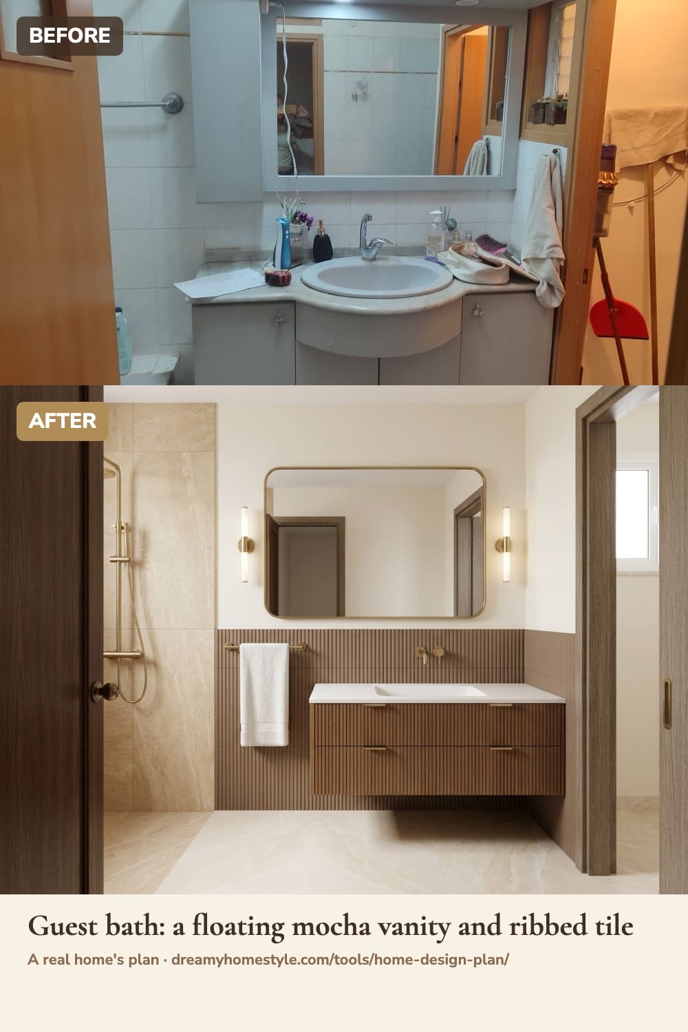 Before and after: a guest bathroom, the tub turned into a walk-in shower