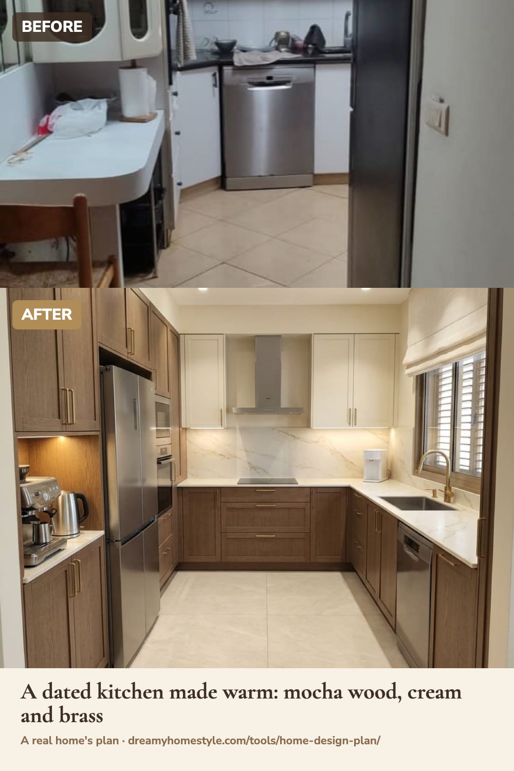 A real kitchen from the sample plan: the photo before, and the same kitchen redrawn with mocha wood, cream and brass