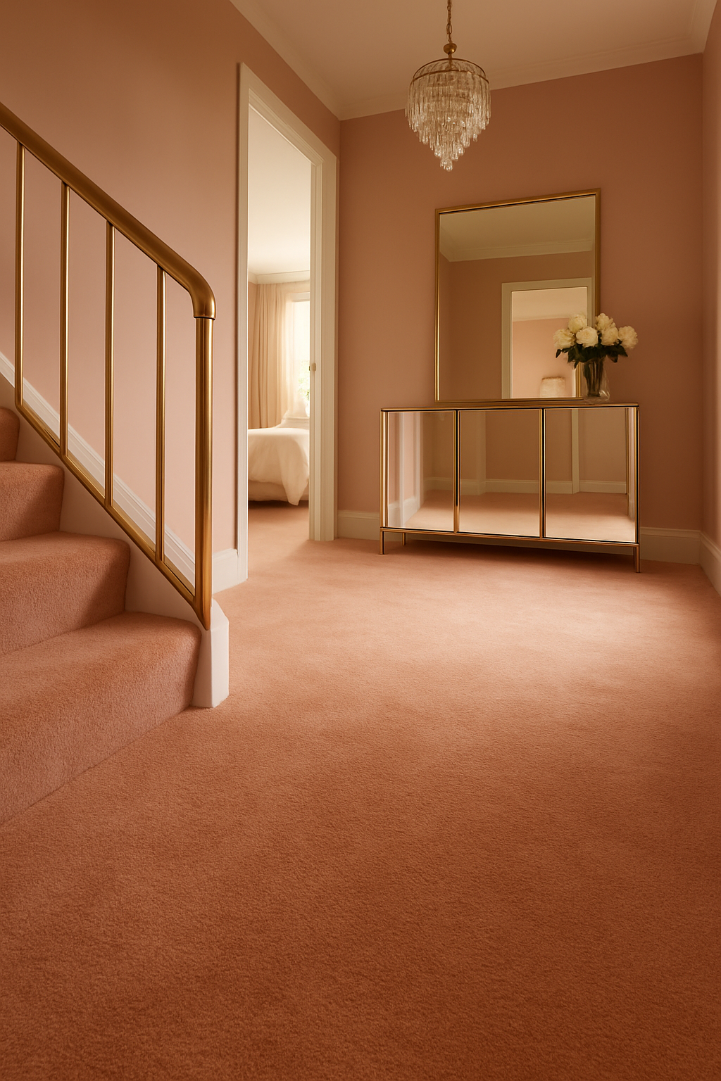 Blush pink carpet running from the stairs across a landing into a bedroom