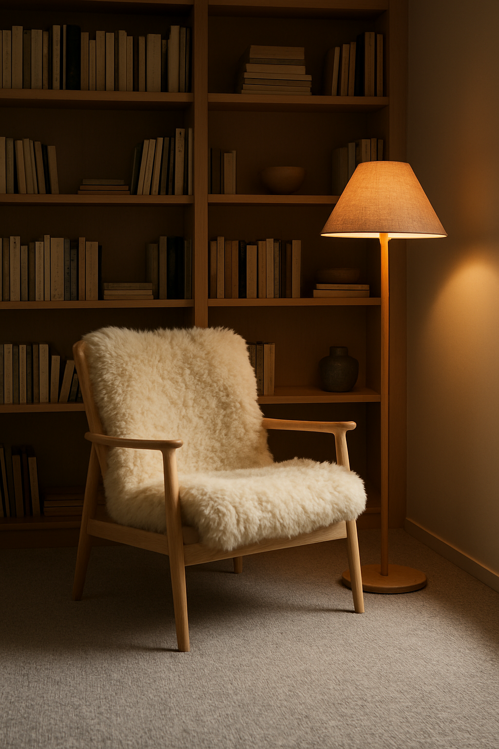Grey wall-to-wall carpet in a Scandinavian den corner with bookshelves and lamplight