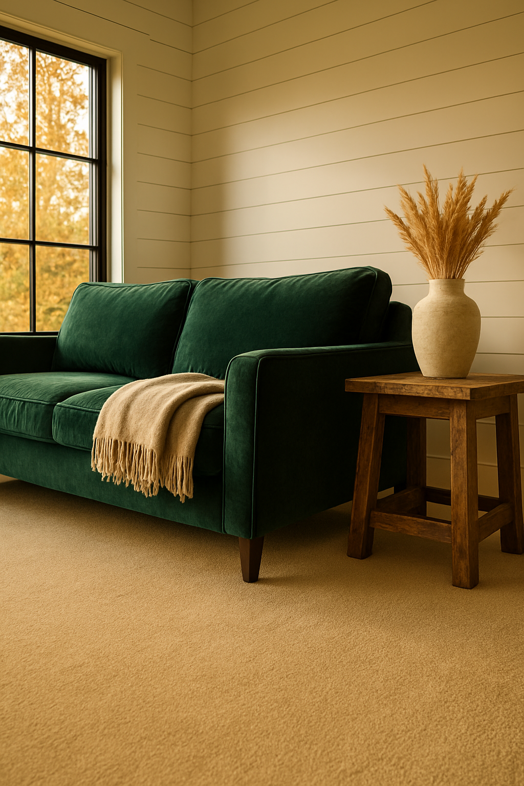 Emerald velvet sofa over camel carpet in a farmhouse bedroom corner at golden hour