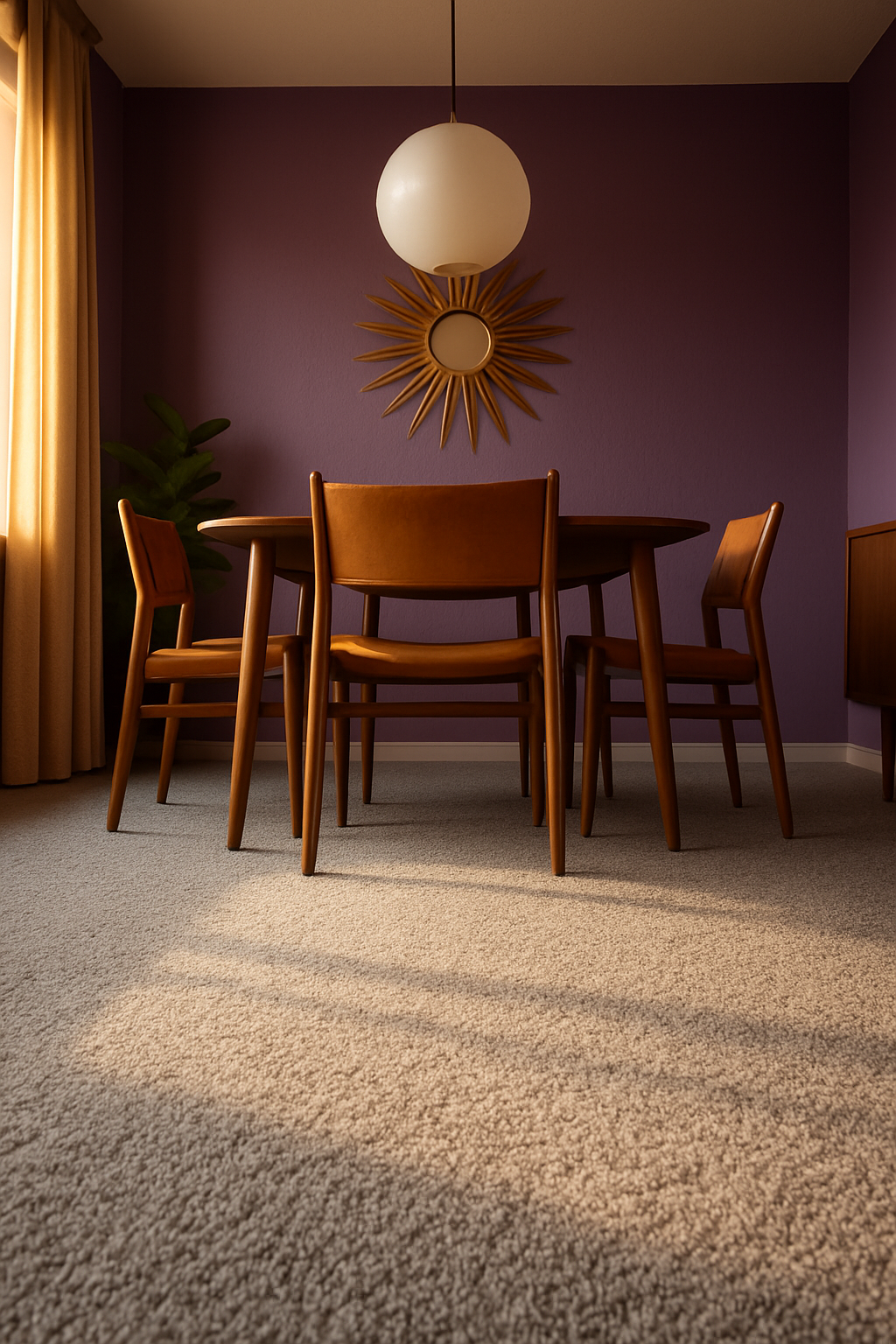 Amethyst purple dining room walls with gray wall-to-wall carpet, mid-century modern