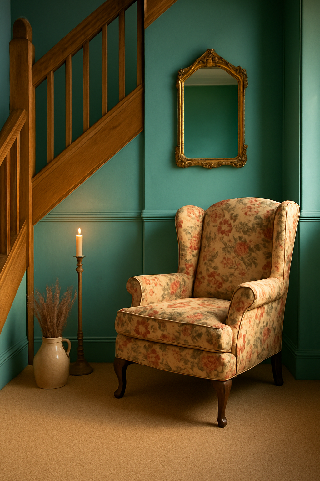 Aqua wall entry hall with staircase, oatmeal carpet, floral wingback chair