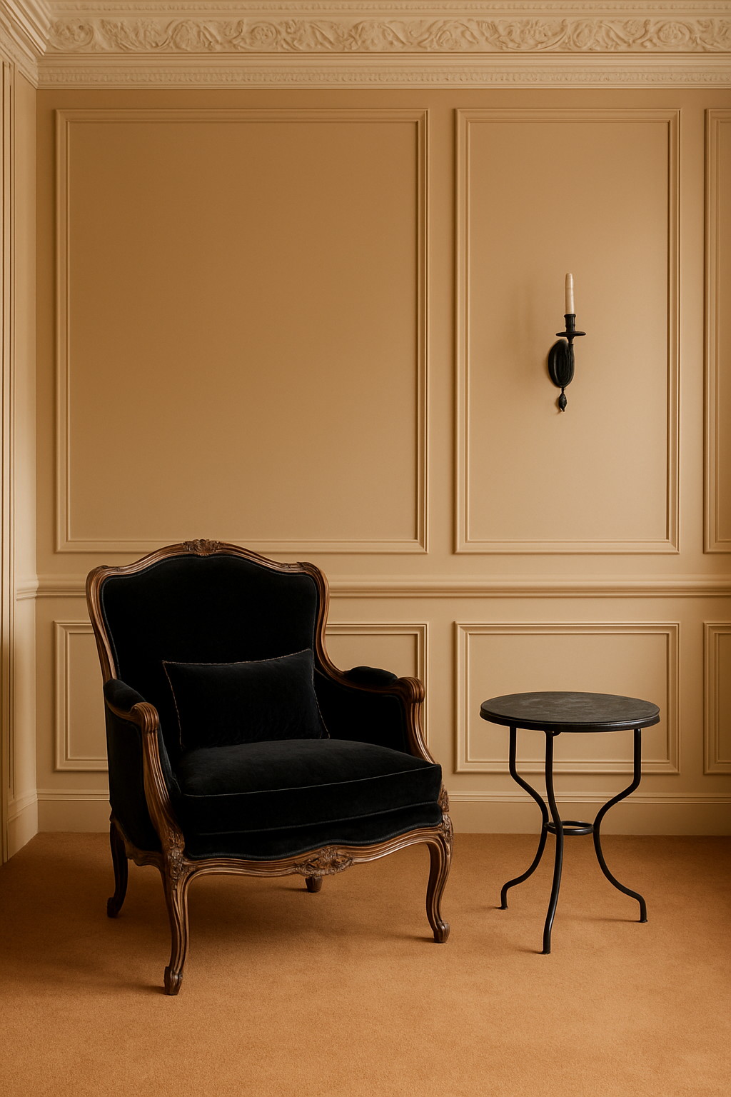 Black velvet armchair in Parisian reading nook on camel wall-to-wall carpet, morning light