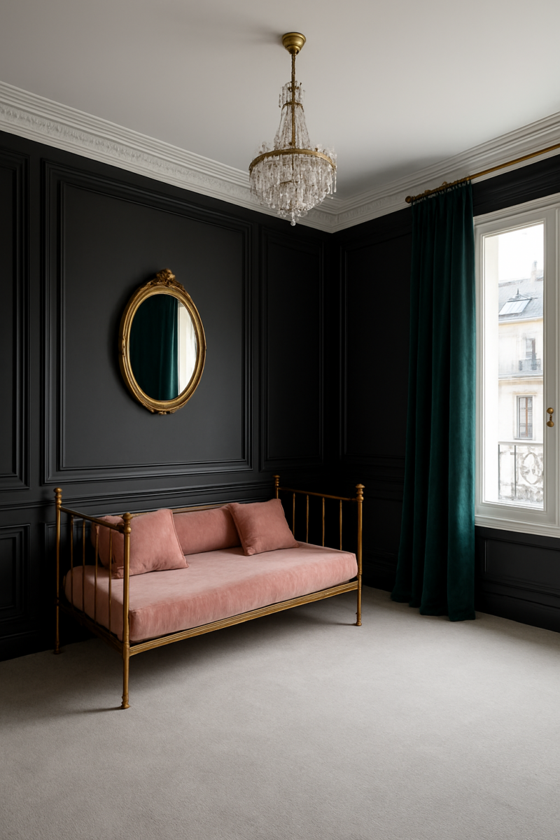 Black walls and dove-grey carpet fill a Parisian child's bedroom