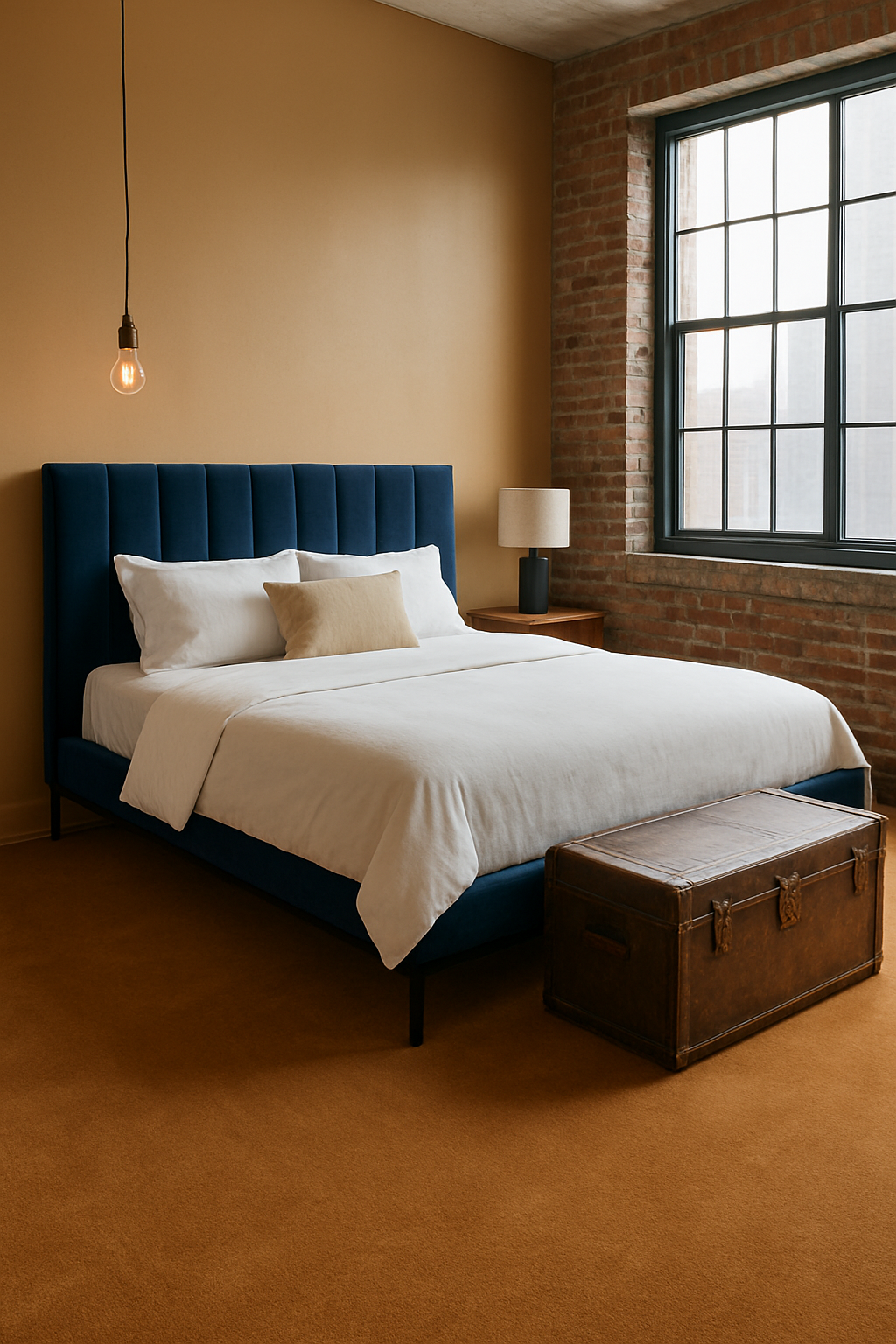 Blue velvet bed in industrial loft bedroom with caramel wall-to-wall carpet