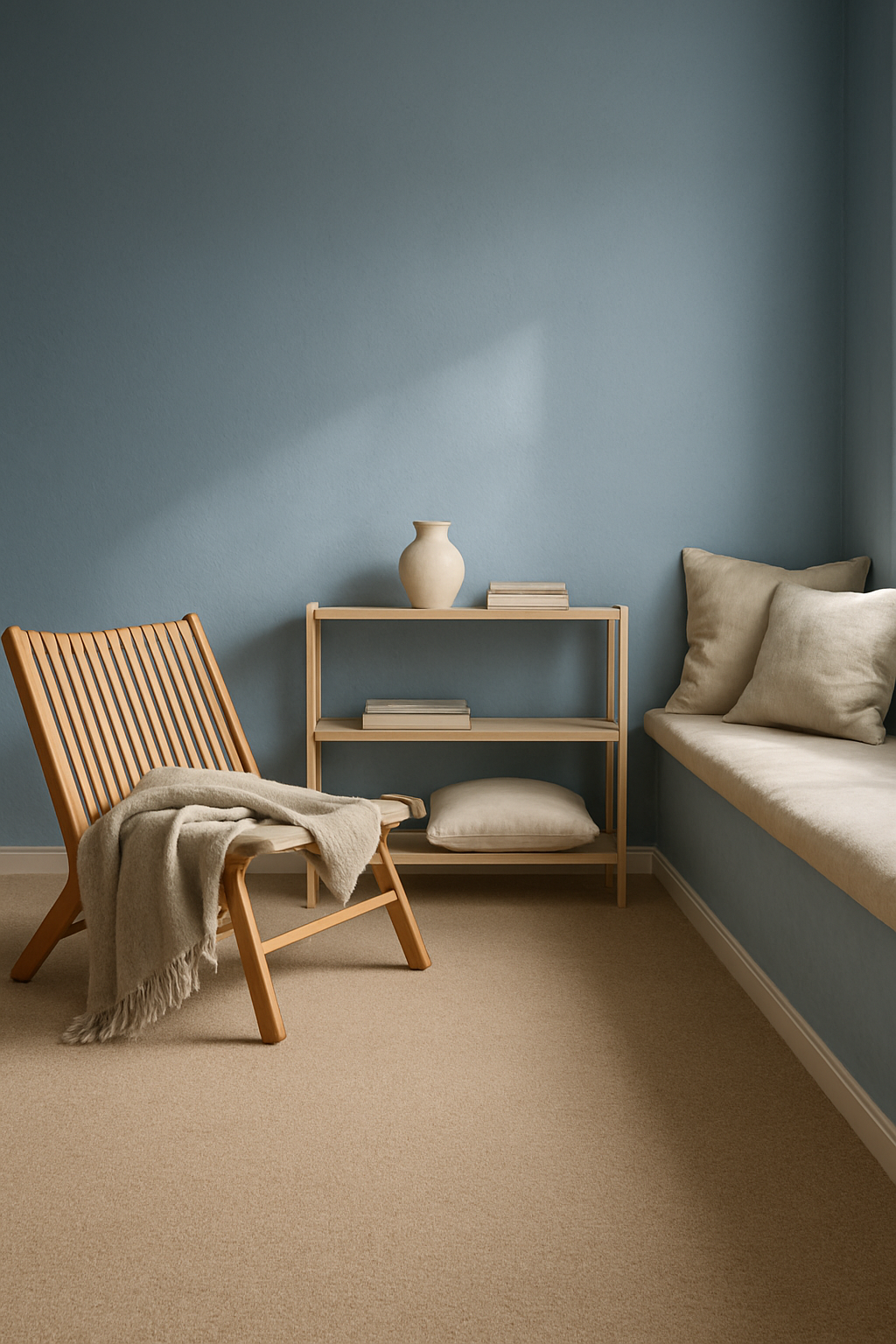 Blue-walled Scandinavian reading nook with wall-to-wall oatmeal carpet, morning light