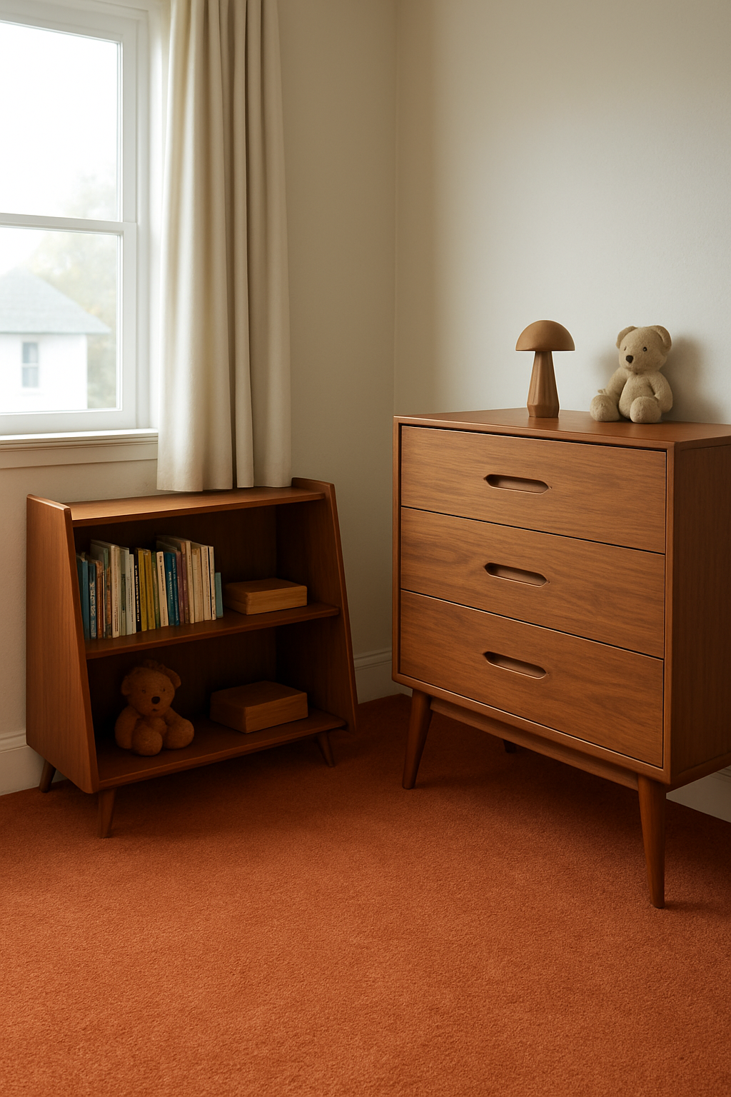 Brown mid-century dresser and shelf on wall-to-wall burnt-orange carpet in kid's room
