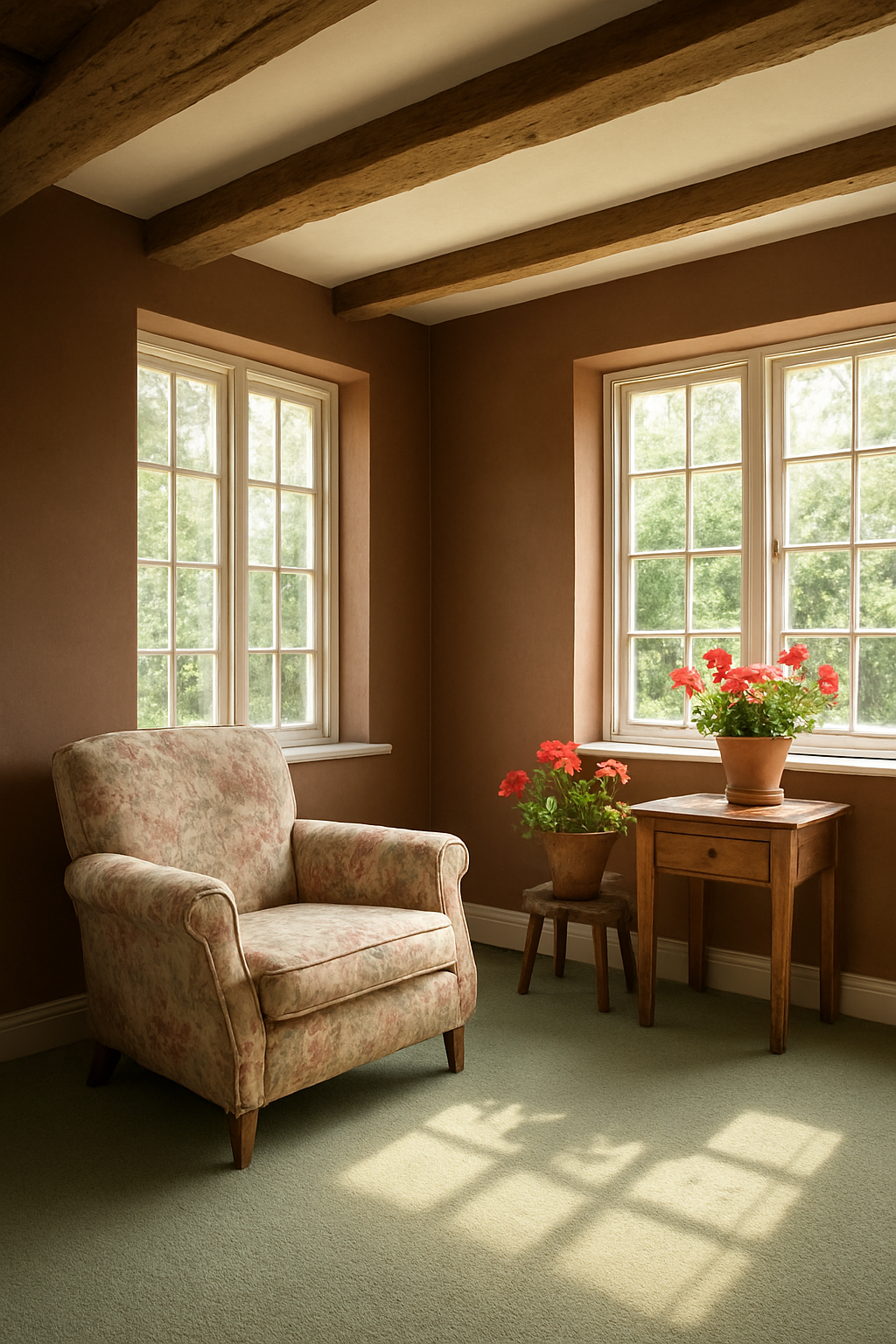 Brown walls and sage-green carpet in a sunlit English cottage sunroom