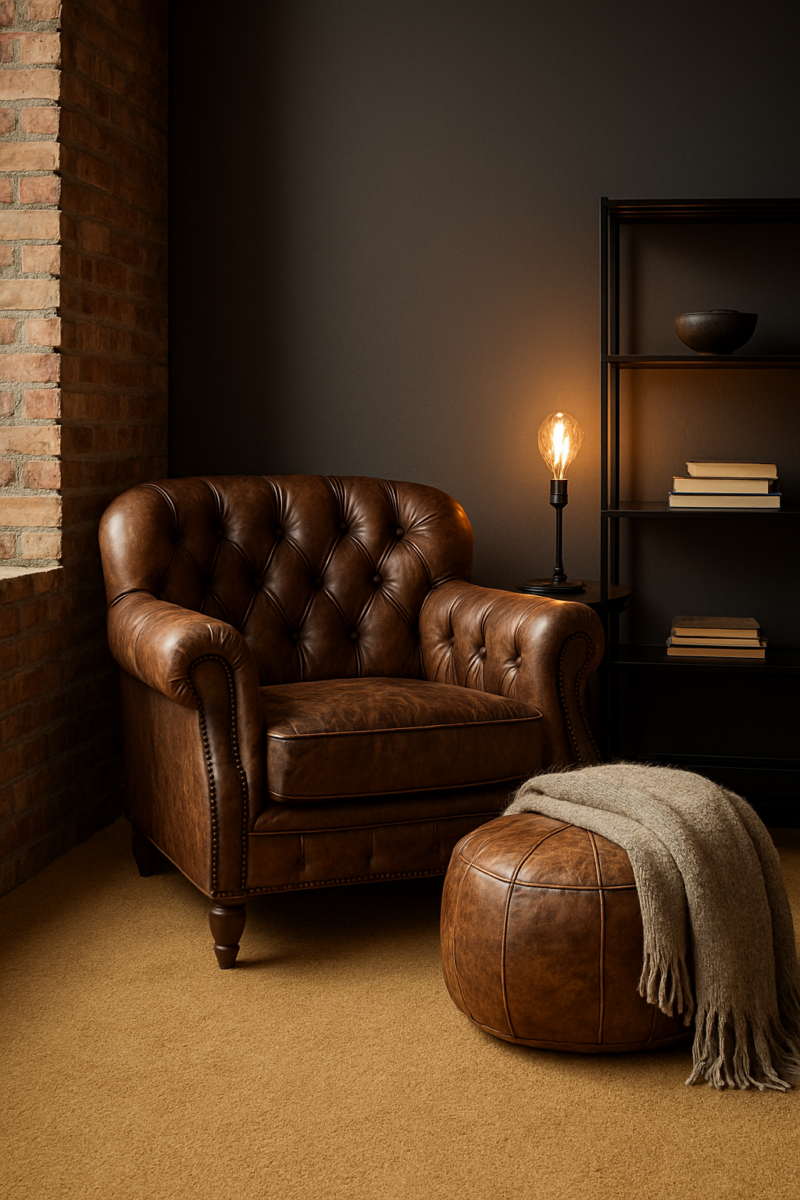 Charcoal gray loft walls with warm camel wall-to-wall carpet and leather armchair