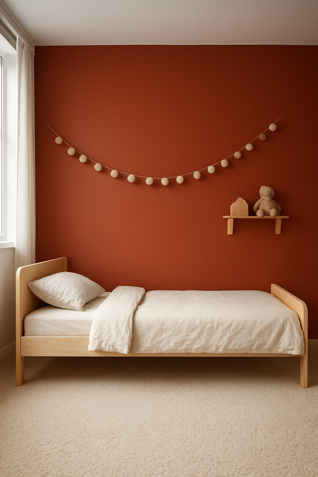 Cinnamon red walls with oatmeal carpet in a Scandinavian child's bedroom