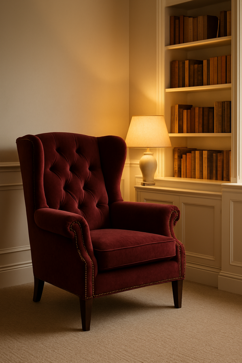 Cloud white den walls, warm greige carpet, velvet wingback chair by built-in bookshelves