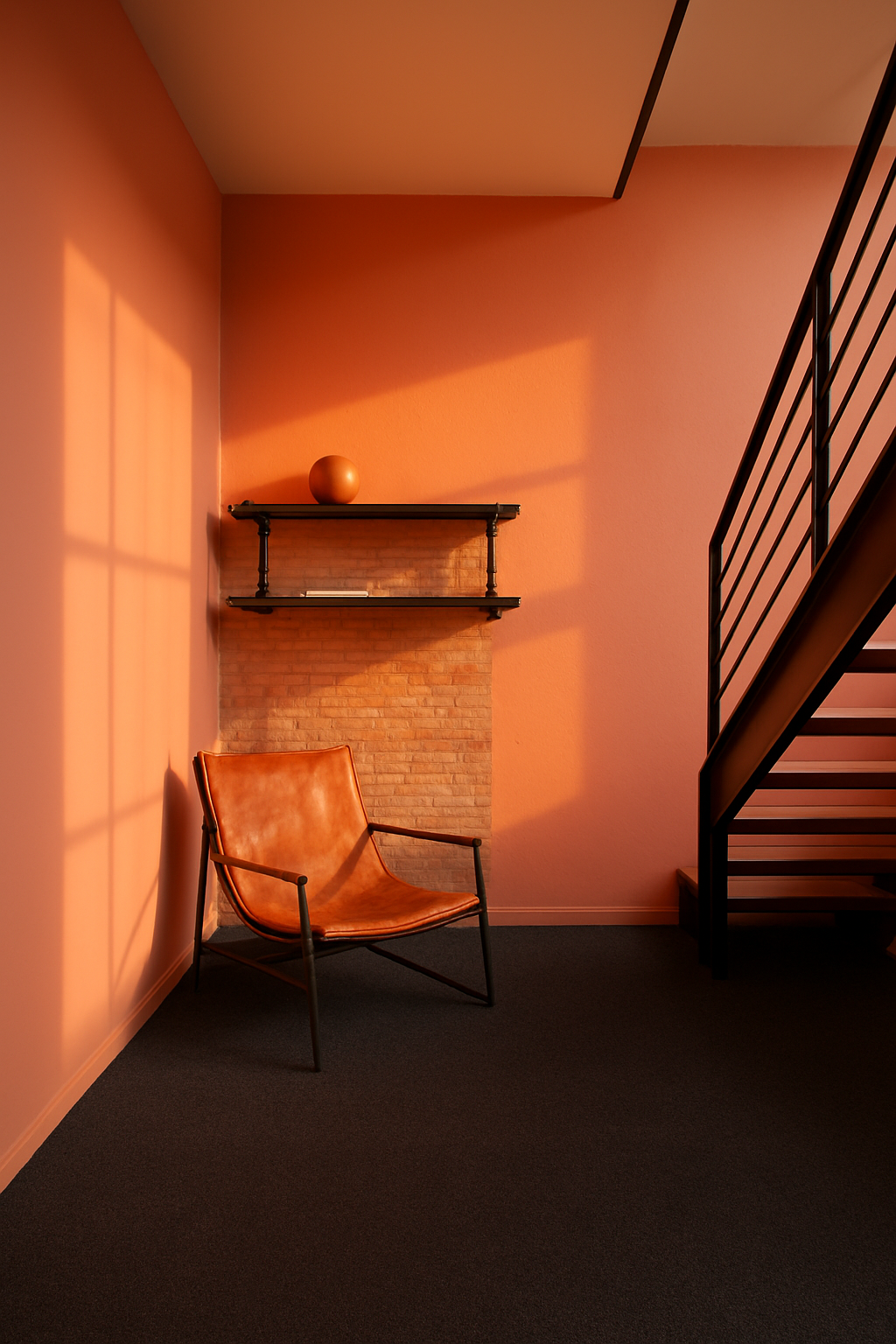 Coral reef walls glow over charcoal carpet in an industrial loft entry with a leather chair