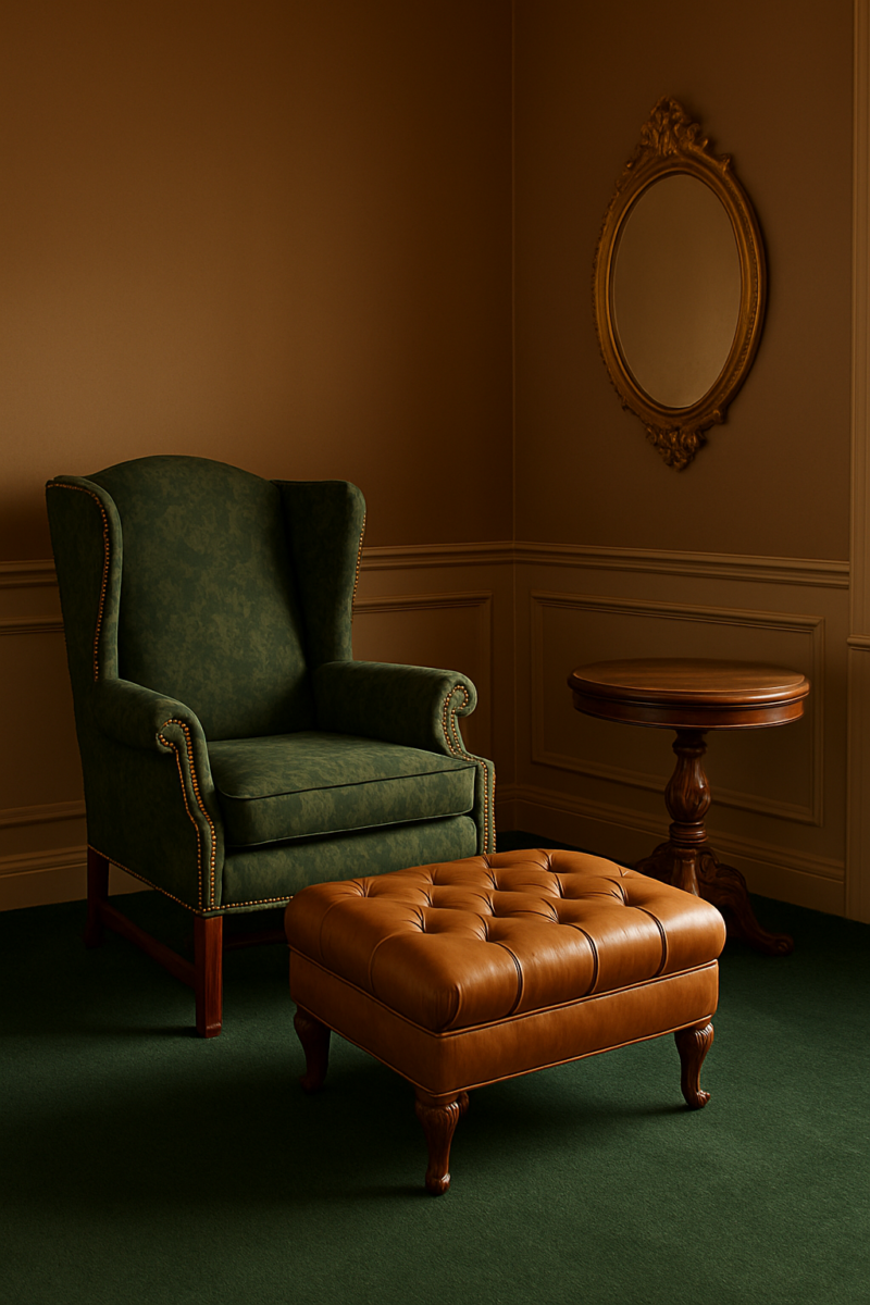 Dark tan bedroom walls with moss-green carpet and traditional wingback chair nook