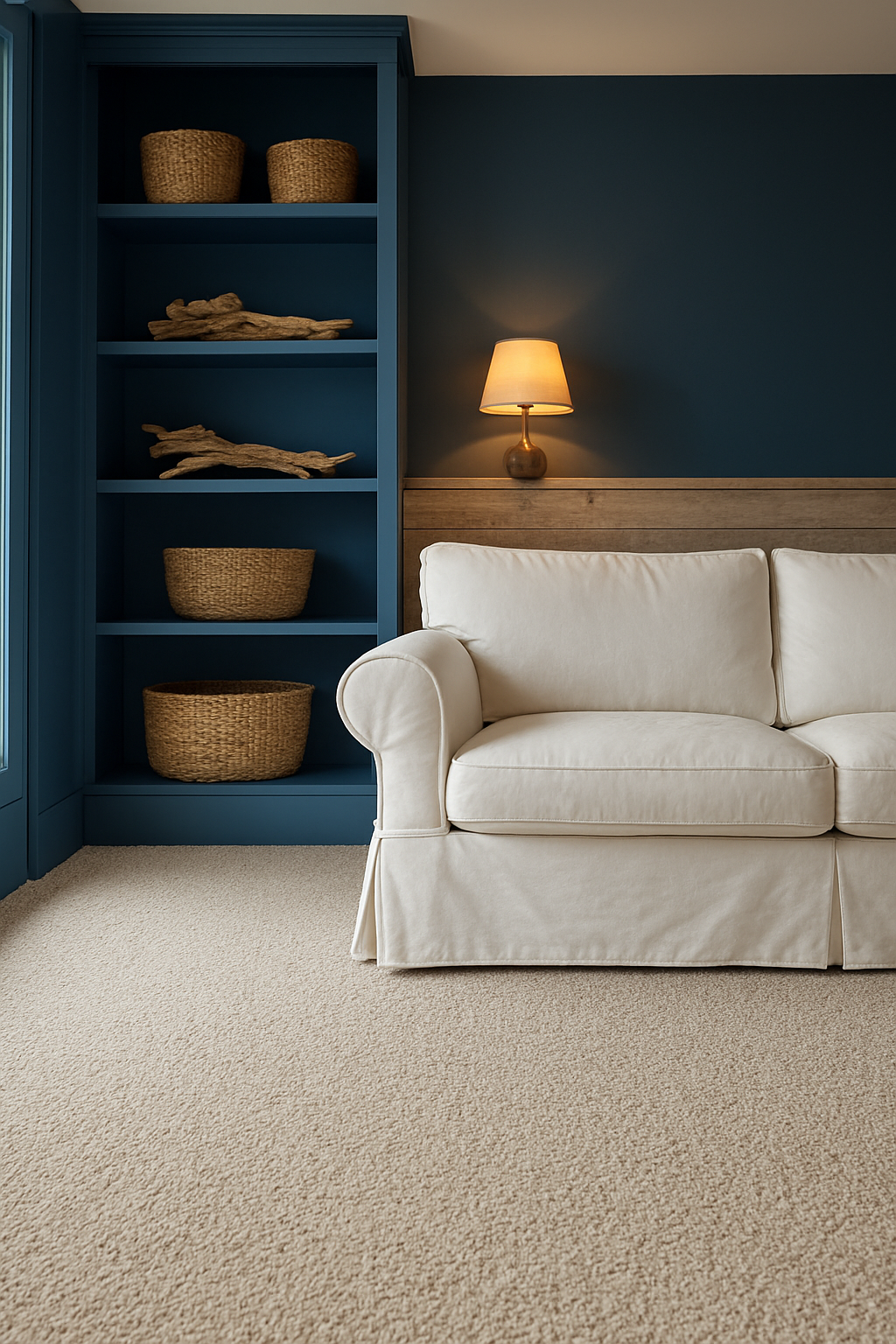 Denim blue den walls, coastal built-ins, oatmeal carpet filling foreground