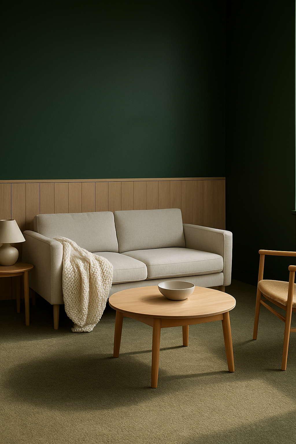 Forest green walls above moss wall-to-wall carpet in a Scandinavian living room
