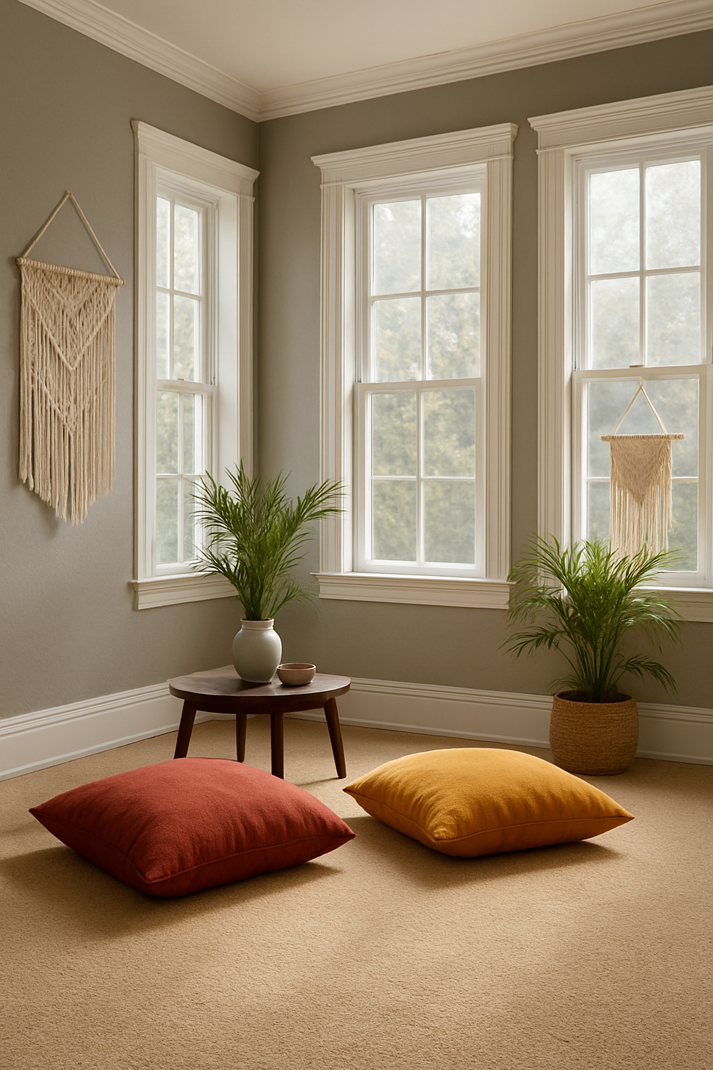 Bohemian sunroom with gray walls, white trim and a beige carpet