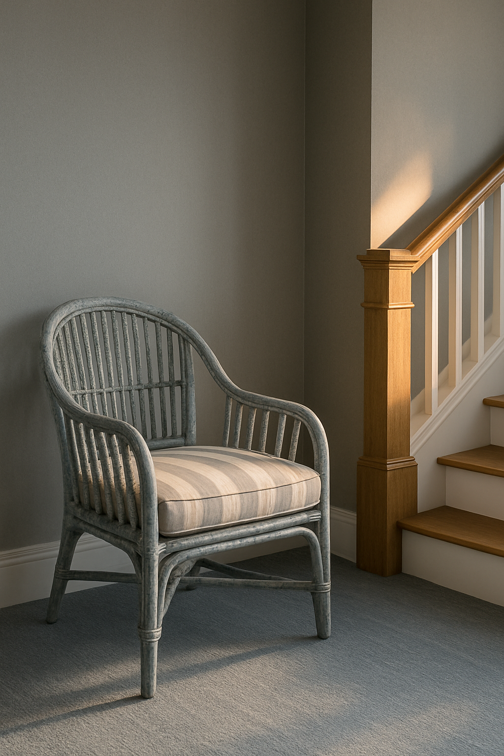 Gray entry hall walls with driftwood-blue carpet and coastal chair in golden light