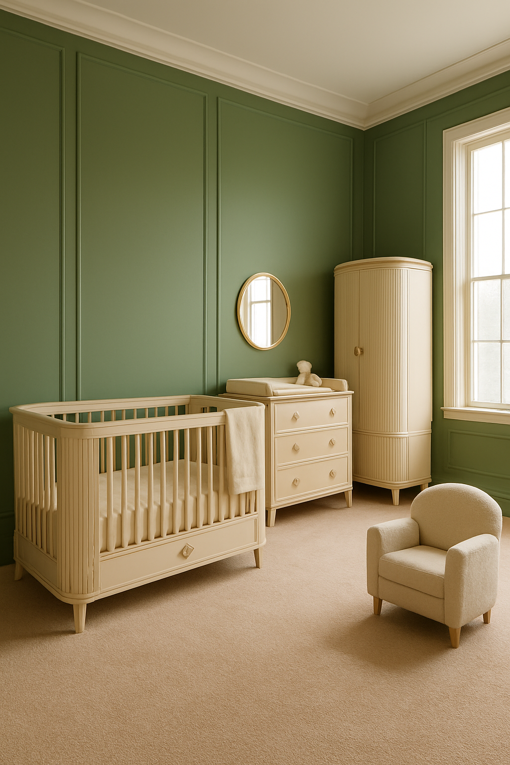 Green walls in an art deco nursery with wall-to-wall blush-beige carpet