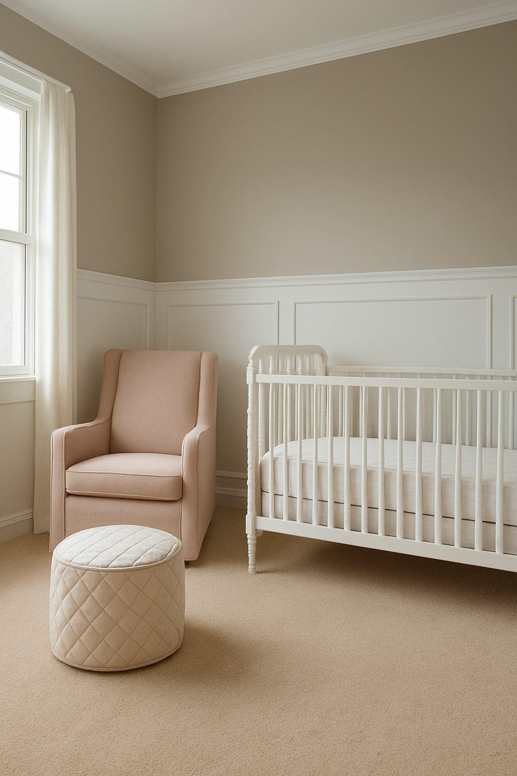 Greige wainscoted nursery with oatmeal wall-to-wall carpet, crib, and glider