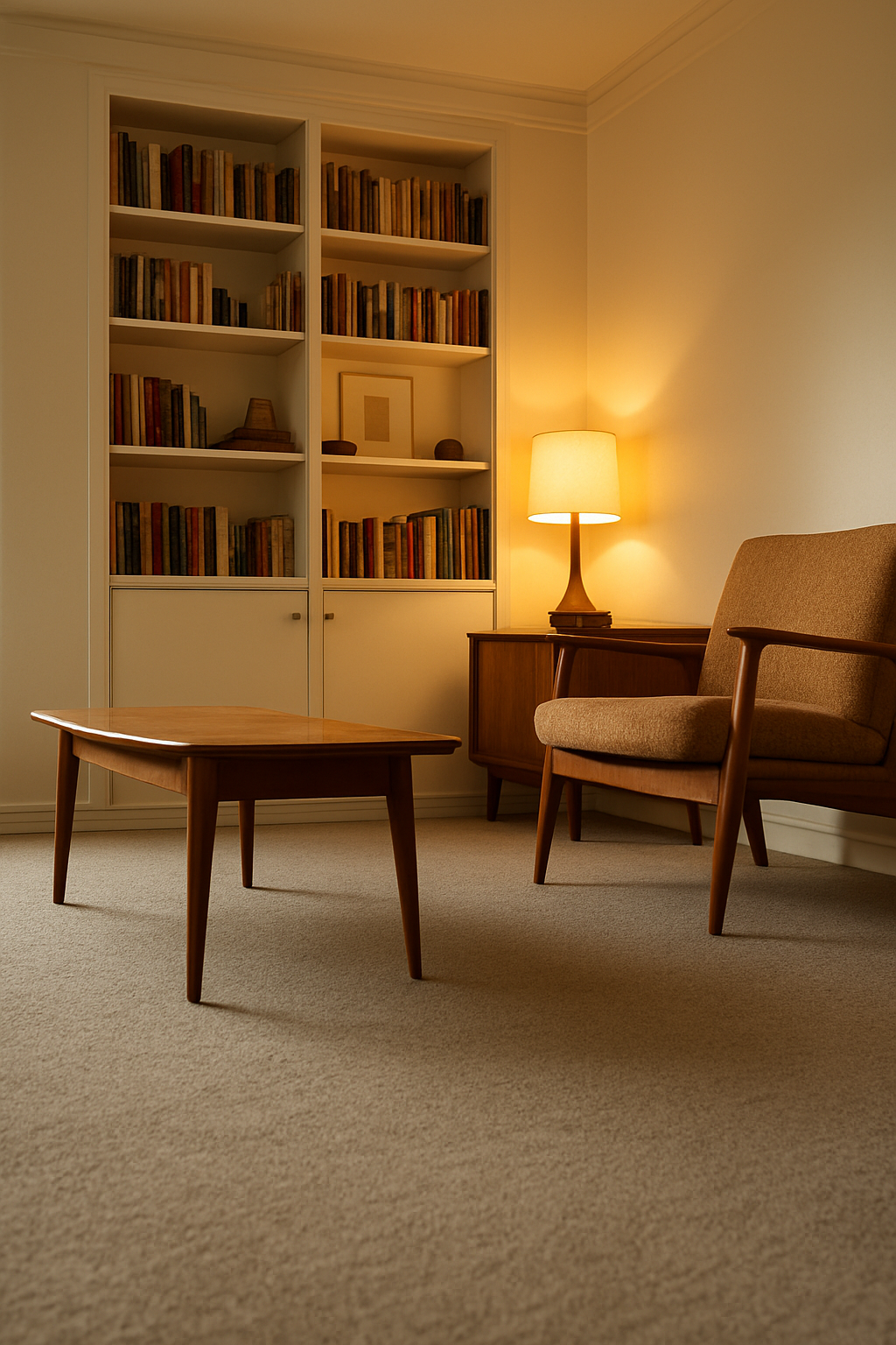 Ivory walls and dove-gray carpet in a lamplit mid-century den