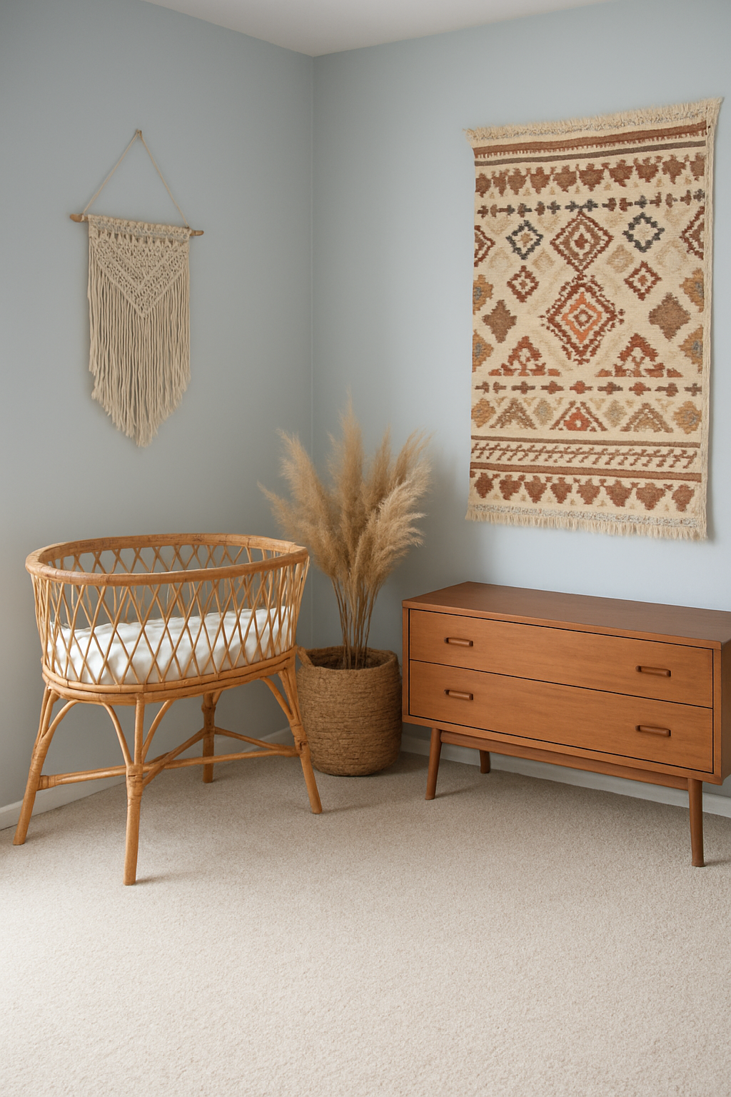 Light blue nursery walls above a cream wall-to-wall carpet, bohemian decor
