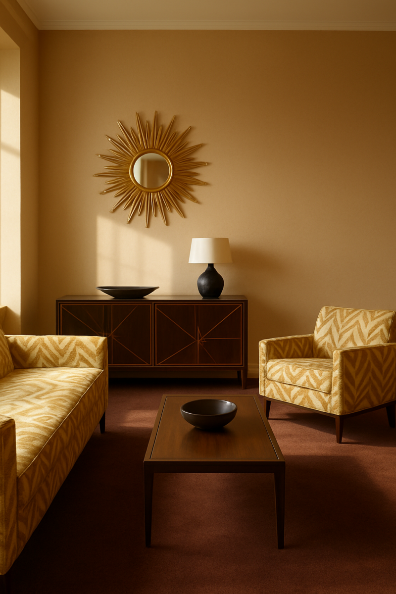 Light brown walls and chocolate brown carpet in an art deco living room
