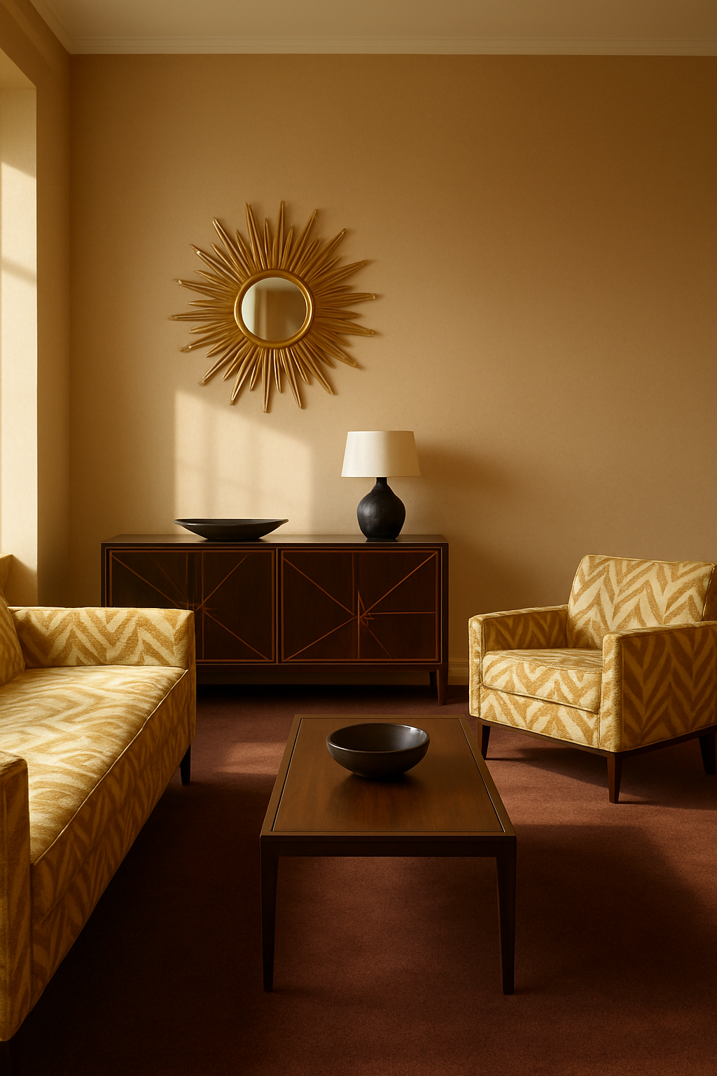 Light brown walls and chocolate brown carpet in an art deco living room