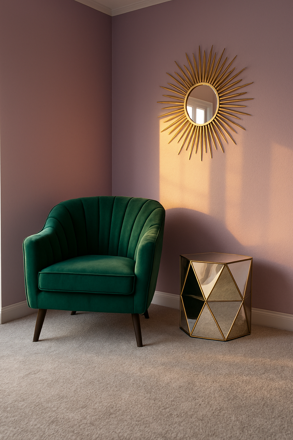 Light purple art deco bedroom corner with a cream wall-to-wall carpet, golden hour