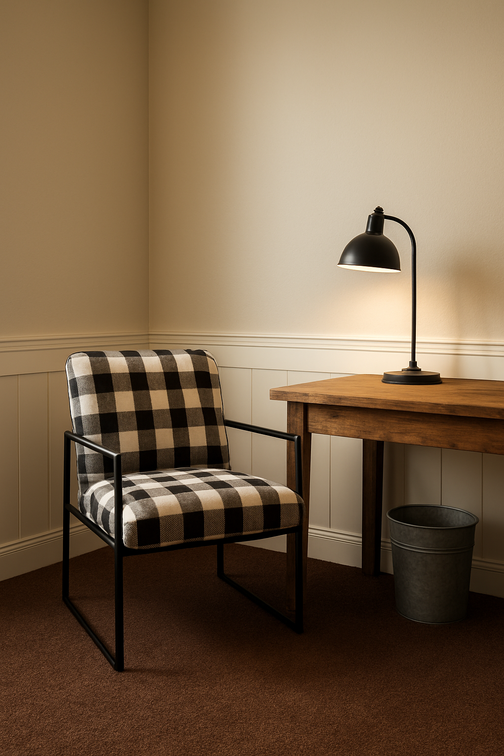 Light tan walls and chocolate brown carpet in a modern farmhouse home office corner