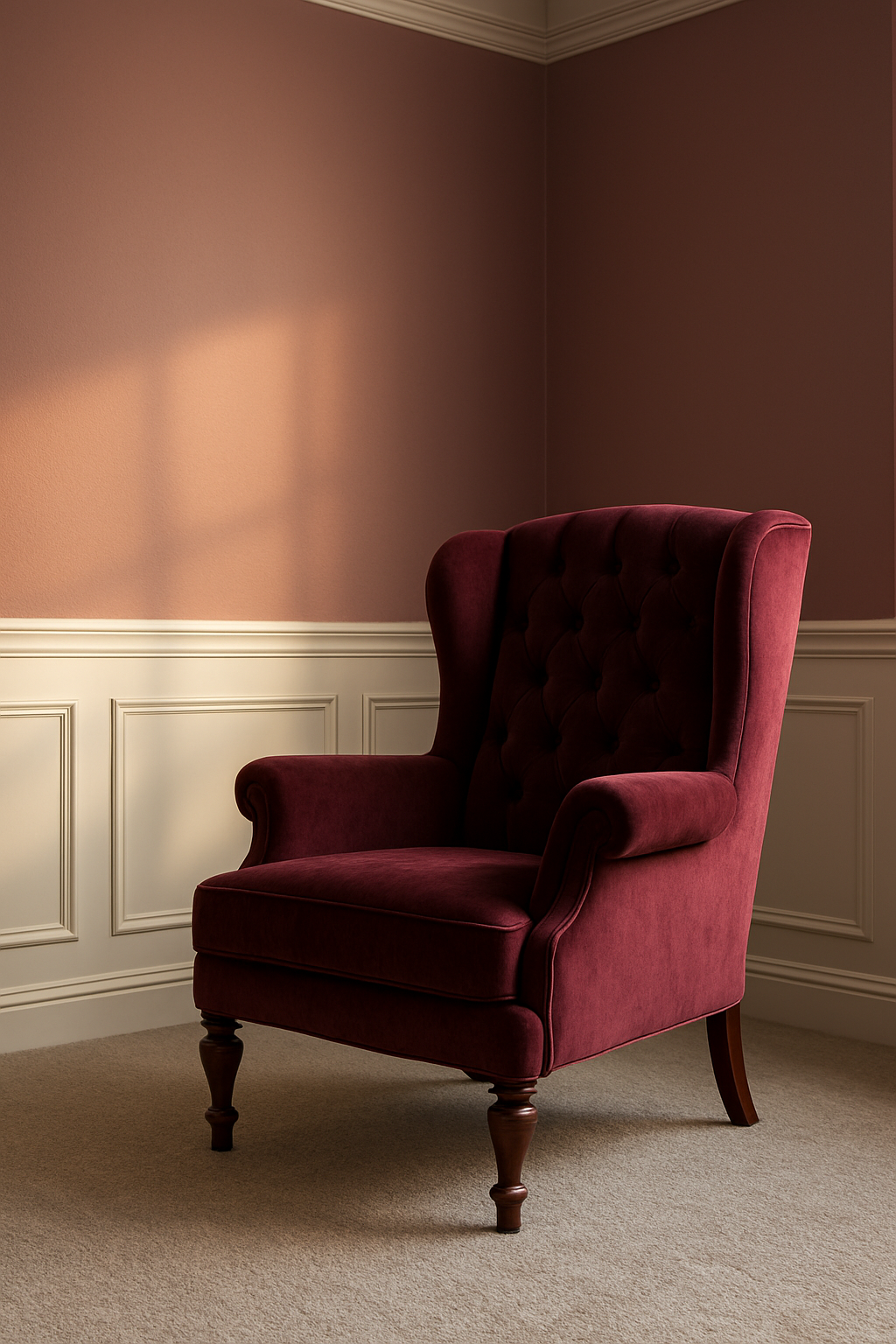 Mauve dining room walls with wainscoting and dove gray wall-to-wall carpet, wingback chair