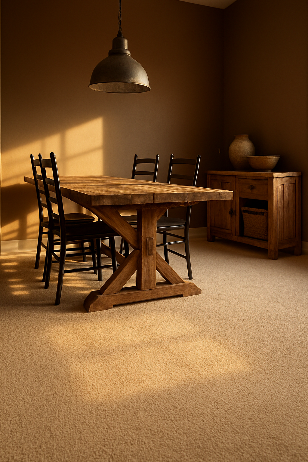 Mocha brown dining room walls with oatmeal-beige wall-to-wall carpet, farmhouse furniture, golden light
